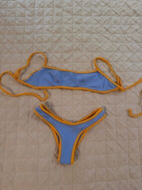 Frankie’s Bikinis Blue with Orange Trim Bikini Set